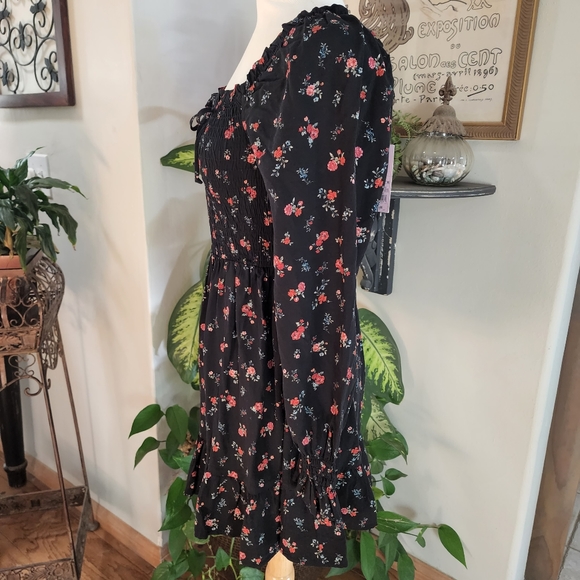 NWT Wild Fable Black Floral Print Peasant Top Long Sleeve Mini Dress - Picture 3 of 5